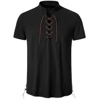 Lovraj Mittelalter Hemd Herren Kurzarm Leinenhemd mit Schnürung Vintage Wikinger Kurzarmhemd Traditioneller Retro-Stil Sommerhemd Sommer Hippie Hemd Luftig Leinen Freizeithemd Cosplay Kostüm - S