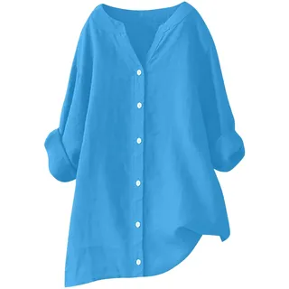 Musselin Bluse Damen Sommer Leinenbluse Langarm Oberteile Große Größen Hemdbluse Elegant Einfarbig Longbluse V-Ausschnitt Vintage Blusenshirt Bügelfrei Mittelalter Tuniken T-Shirts - XXL