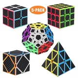 ROXENDA Speed Zauberwürfel Set, 2x2 3x3 Skweb Pyramide Dodekaeder Würfel Magischer Cube Sammlung für Kinder & Erwachsene [5 Pack] (Kohlefaser)