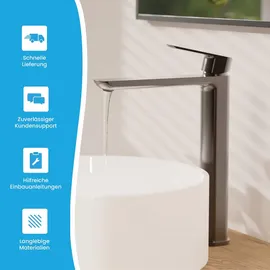 Bächlein Badarmatur Mizarela hoch in klassischem Design, Einhebelmischer für Aufsatzwaschbecken mit langlebiger Keramikkartusche und Montage-Set, Bad Wasserhahn Anthrazit - flacher Auslauf