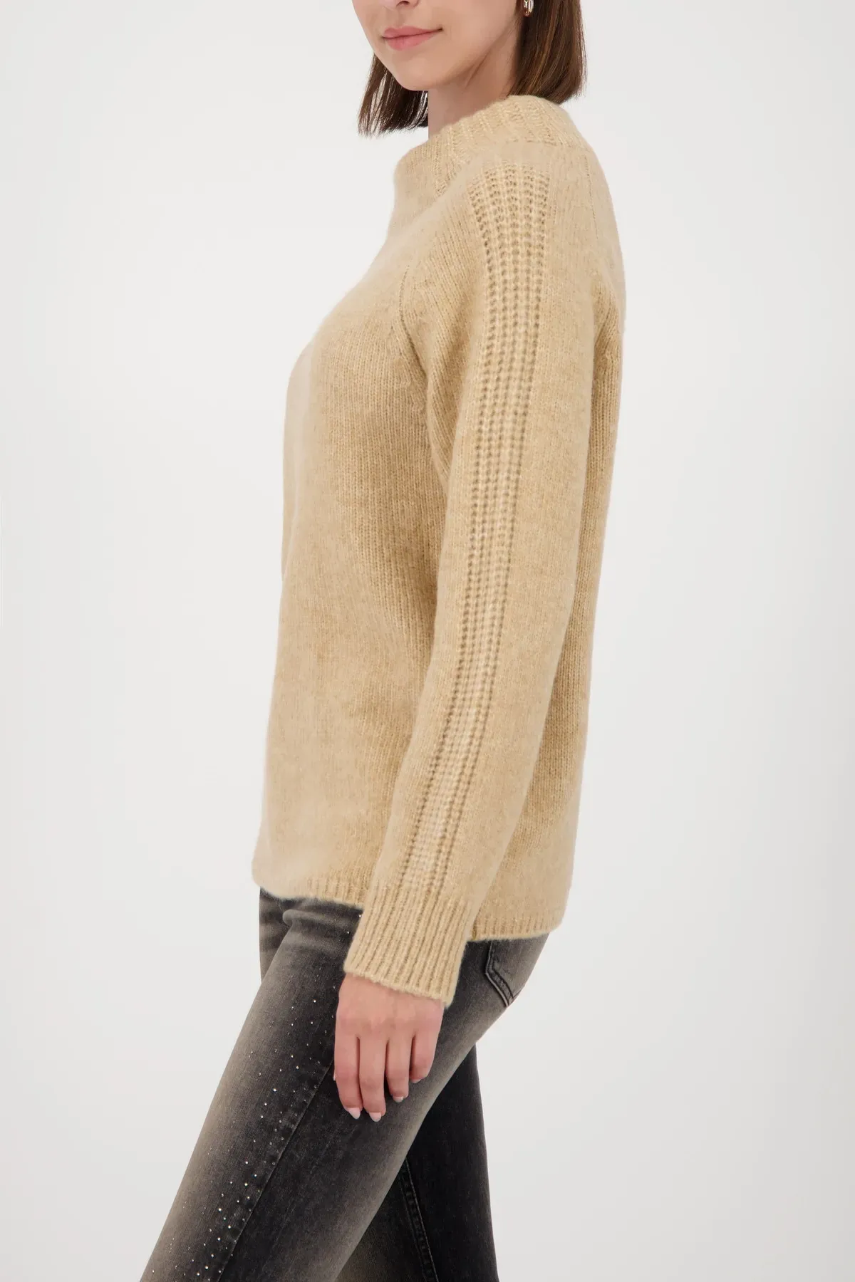 Strickpullover MONARI, Damen, Gr. 40, beige, Strick, Obermaterial: 50% Polyacryl, 28% Polyester, 13% Wolle, 9% Alpaka, clean, unifarben, regular fit hüftlang, Rundhals, Raglanärmel Rippstrickbündchen, Pullover Strickpullover, mit Stehkragen