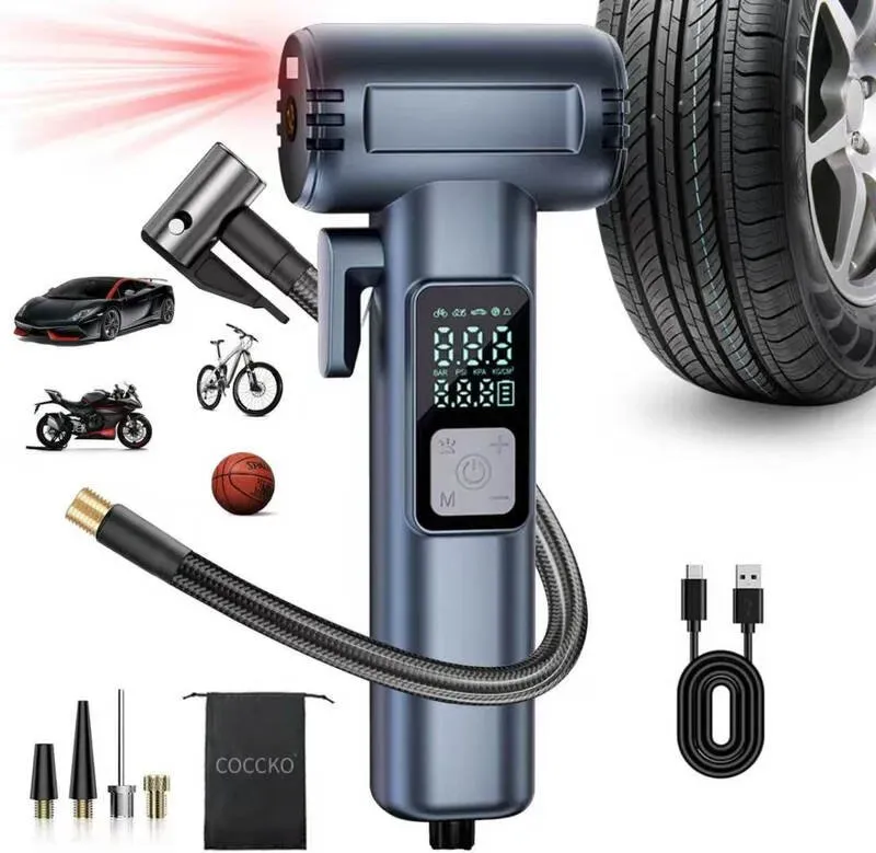 Tragbarer kabelloser Luftkompressor - Smart Car / Motorrad / Fahrrad Reifenfüller mit 3 LED-Modi, USB-Ladegerät, SOS-Sicherheit, Mini-Luftpumpe 12 V tragbar