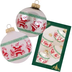 Krebs Glas Lauscha Silber glanz / Frost 7cm Glaskugel mit Banddekor fröhliche Weihnachtsmänner