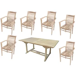 7-teilige Holz Tischgruppe Gartengruppe Sitzgruppe Stapelstuhl Teak stapelbar