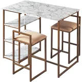 Teamson Home Marmo 3-Stücke Frühstücks-Ess-Set Bartisch 2 gepolsterte Hocker mit Stauraum Tischplatte aus Weißem Marmor Beine in Gold-Messing-Finish