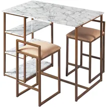 Teamson Home Marmo 3-Stücke Frühstücks-Ess-Set Bartisch 2 gepolsterte Hocker mit Stauraum Tischplatte aus Weißem Marmor Beine in Gold-Messing-Finish