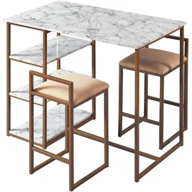 Teamson Home Marmo 3-Stücke Frühstücks-Ess-Set Bartisch 2 gepolsterte Hocker mit Stauraum Tischplatte aus Weißem Marmor Beine in Gold-Messing-Finish