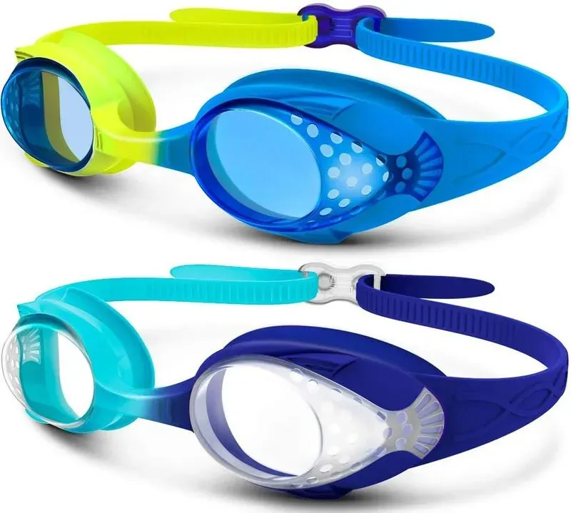 OutdoorMaster Kinder-Schwimmbrillen 2er-Pack – schnell verstellbares Band, Gelb & Blau + Blau