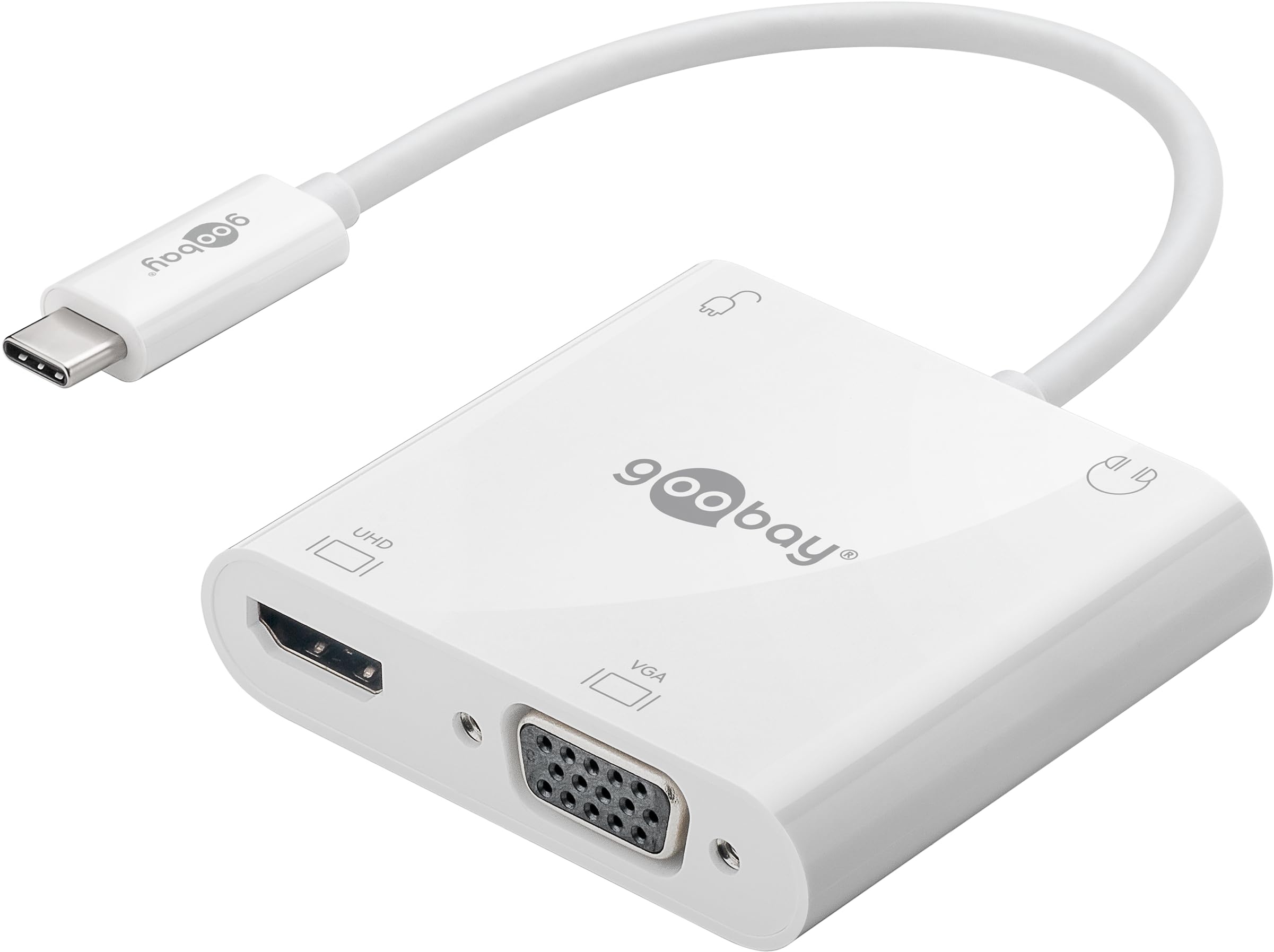 Goobay 52418 USB-C Multiport Verteiler 100W Power Delivery PD / 4 Port VGA - HDMI 4K @ 60Hz - USB C - 3,5mm Klinke Buchse / USB-C Hub 18 Gbits / Multidock Adapter / Weiß