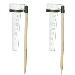 Relaxdays Regenmesser 2er Set, mit Stab, Niederschlagsmesser Garten, Skala 35mm/m2, Kunststoff & Holz, natur/transparent