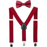 HANERDUN Unisex Hosenträger mit Fliege für Jungen und Mädchen, Befestigung mit drei Kleiderclipse am Hosenbund möglich, Weinrot, Einheitsgröße - Einheitsgröße