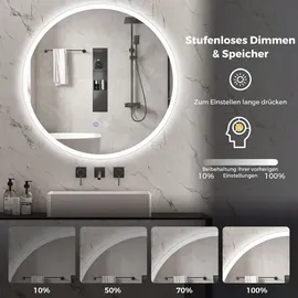 Costway Runder Spiegel, Wandspiegel mit Beleuchtung, Badspiegel mit 3 Lichtfarben, stufenlose Dimmung, Anti-Beschlag, Badezimmerspiegel,70 cm