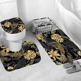 JIFOME Badteppich 3 Stück Weiche saugfähige Badematten,Gold und Schwarze Tropische Blätter auf dunklem Hintergrund,rutschfeste Badematte Teppiche & Toilettendeckelabdeckung Set Waschbar