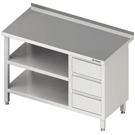 Stalgast Arbeitstisch mit Grund- und Zwischenboden, 1400x600x850 mm, mit 3er Schubladenblock rechts, mit Aufkantung, verschweißt