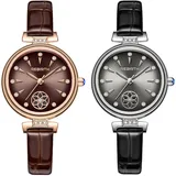 JewelryWe 2pcs Damenuhr Elegant Blume Analog Quarz Armbanduhr mit Schmal Echtleder Leder Armband Damen 30m Wasserdicht Geschäft Lässige Uhr Geschenk für Frauen Mädchen
