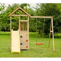 Wendi Toys Holz Spielturm Pelikan | inkl. Rutsche, Kletterwand, Schaukel und Sitzgarnitur | Natur | 280x270x270 cm