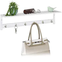 Relaxdays Wandgarderobe mit Ablage, 6 Haken, Landhausstil, Flur & Bad, Bambus, HBT 18x75x16 cm, Wandhandtuchhalter, weiß