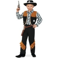 KarnevalsTeufel Kinderkostüm-Set Sheriff, 5-tlg. Weste, Hose, Cowboyhut, Revolvergürtel und Spielzeug-Revolver | Größen 104-152 | Cowboy, Wilder Westen, Karneval (152)