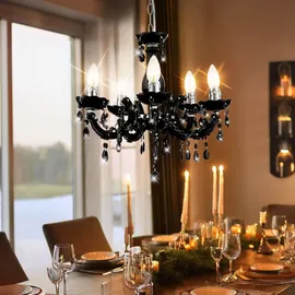 GLOBO Kronleuchter 5 Flammig schwarz Hängeleuchte Esstischlampe Esszimmer Hängelampe Kristalle, Kristallbehang, Chrom, 5x E14, DxH 44x128 cm