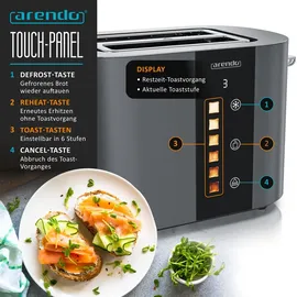 Arendo Toaster Edelstahl, 800W, Display mit Restzeitanzeige, Brötchenaufsatz, Defrost Funktion, Wärmeisolierendes Gehäuse, Touch Dis... - Grau