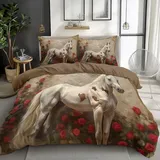 Quixora Bettwäsche 200 x 200 cm für Jugendliche Kinder Weich Gemütlich Bettbezug Vintage-Tier, Pferd Muster Karamell Wendebettwäsche Doppelbett mit 2 Kissenbezug 80x80