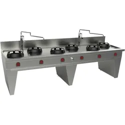 EURAST - Gekühltes wok mit 6 gasbrennern 2 träger, 2 wassersäulen - 3000x900x850 mm - 105 Kw - 32309DEM