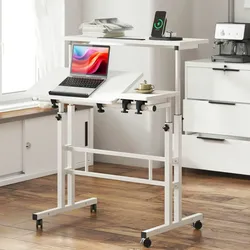 höhenverstellbarer Sitz-Steh Schreibtisch 80x60cm, Stehpult, drehbar, Mobiler Stehtisch mit neigbar Tischplatte, Weiß