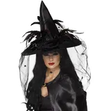 Smiffys Halloween! Smiffys Hut Hexe, Schwarz, mit Federn und Netz, Deluxe