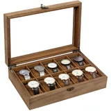 Uten Uhrenbox mit 10 Fächern, Uhrenbox aus Massivholz mit Glasabdeckung, Aufbewahrungsbox für Herren und Damenuhren, Herausnehmbares Kissen aus Seidenbaumwolle, Braunes Futter, Geschenkidee