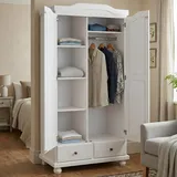 Zweitüriger Kleiderschrank Mit Zwei Schubladen In Kiefer Massiv, Farbe Weiß, 104 X 200 X 56 Cm. - Dmora