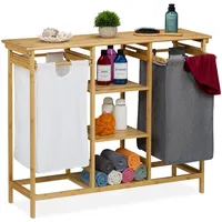 Relaxdays Wäschekorbregal, mit 4 Ablagen, 2 ausziehbare Wäschesammler, HBT: 80x100x32 cm, Bambus Badregal, Mehrfarbig