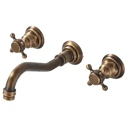 KLARWERK JULIAN | Vintage 3-Loch Badarmatur Wandmontage Messing Gold | Küche Retro Edelstahl Wasserhahn Waschbecken | Antike 2-Griff Mischbatterie Wand Gastro