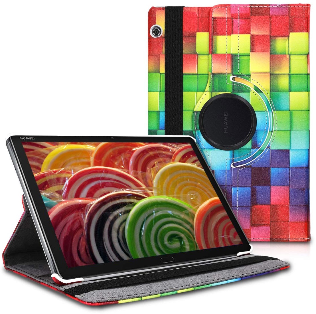 kwmobile Schutzhülle kompatibel mit Huawei MediaPad T5 10 - Hülle 360° - Tablet Cover Case - Regenbogen Würfel Mehrfarbig Grün Blau
