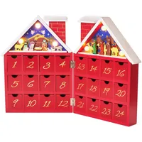 Brubaker Wiederverwendbarer Adventskalender aus Holz zum Befüllen - Rotes Weihnachtshaus mit Krippenspiel und LED-Beleuchtung - DIY Weihnachtskale...