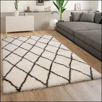 Paco Home Teppich Wohnzimmer Creme Weiß, Weich Shaggy Flokati Rauten Muster Hochflor 60x90 cm