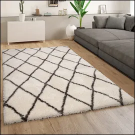 Paco Home Teppich Wohnzimmer Creme Weiß, Weich Shaggy Flokati Rauten Muster Hochflor 60x90 cm