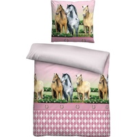 Kinderbettwäsche Bettwäsche, Biberna, Renforcé, 2 teilig, Linon Tiermotive: Pferd rosa
