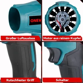 onevan Akku-Laubbläser Turbo Gebläse 360 km/h Blau mit 2 Akuus