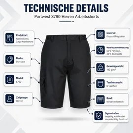 PORTWEST S790 Herren Hochleistungs-Komfort-Kampf-Cargo-Arbeitsshorts Schwarz, S