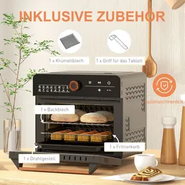 Homcom Minibackofen mit Umluft 20L 3 in 1 Mini Ofen mit Grillrost, Backblech und Krümelblech, 40 °C-220 °C Heißluftfritteuse mit Frittierkorb, Timer, Innenbeleuchtung, 1400W, Edelstahl