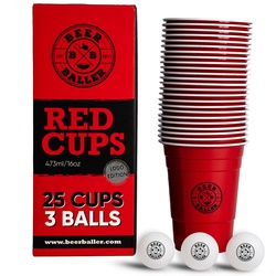 BeerBaller Becher BeerBaller® original Red Cups - 25 rote Beer Pong Becher & 3 Bierpong Bälle, 16oz/473ml rot
