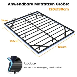 COMHOMA Bettrahmen Metallbett Gästebett Bettgestell aus Metall, mit LED & Steckdosen, Jugendbett 120x190, App & Fernbedienung, stabile Konstruktion
