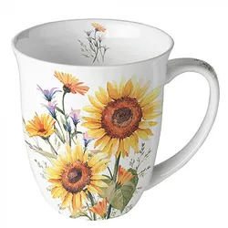 Tasse 10cm Porzellan mit Sonnenblumen Motiv - 0,4L Keramiktasse Porzellangeschirr Kaffeetasse Teetasse Kakaotasse Sommergeschirr Blumenmotiv Weiß Gelb