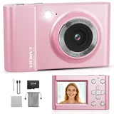 Digitalkamera 4K 64MP FHD Fotokamera für Kinder, 18X Digitalzoom Kompaktkamera mit 2,4-Zoll-Bildschirm, Anti-Verwacklung, LED-Blitz, 32GB SD Karte, Fotoapparat für Kinder Jugendliche Anfänger, Rosa