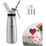 Tolletour - Sahnespender Edelstahl Sahnebereiter 500ml Sahnesyphon mit 3 Edelstahl Deko-Düsen Rostfrei Schlagsahne Dispenser Für Desserts Gebäck