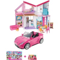 Barbie FXG57 - Malibu Haus Puppenhaus + -Puppe und Auto in glänzendem Pink, DVX59