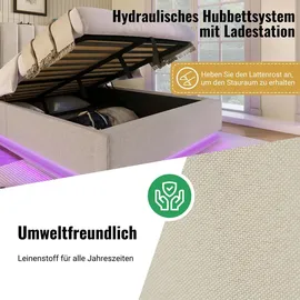 stilvora Polsterbett Stauraumbett 180×200cm Doppelbett mit App Control LED und USB-C Ladefunktion,Bettgestell mit Lattenrost,Leine,Beige(ohne Matr... - Beige