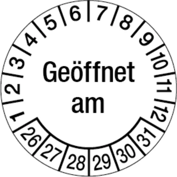 Prüfplakette ab 26, Geöffnet am, Ø 30 mm, Dokumentenfolie - Bogen = 10 Stück - 30 mm Dokumentenfolie selbstklebend