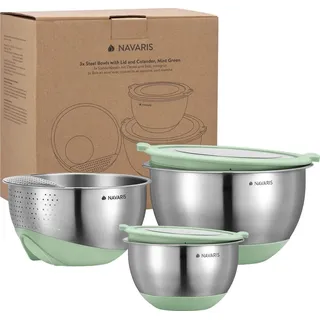 Navaris Edelstahl Schüssel Schale mit Deckel und Sieb - 3-teiliges Set - 2x Rührschüssel 1x Sieb - Salatschüssel Edelstahlschüssel Schüsselset - Behälter in Mintgrün