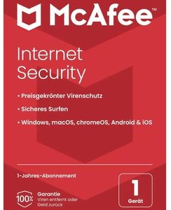 McAfee Antivirensoftware Internet Security, Vollversion, PKC, 1 Gerät, 1 Jahr